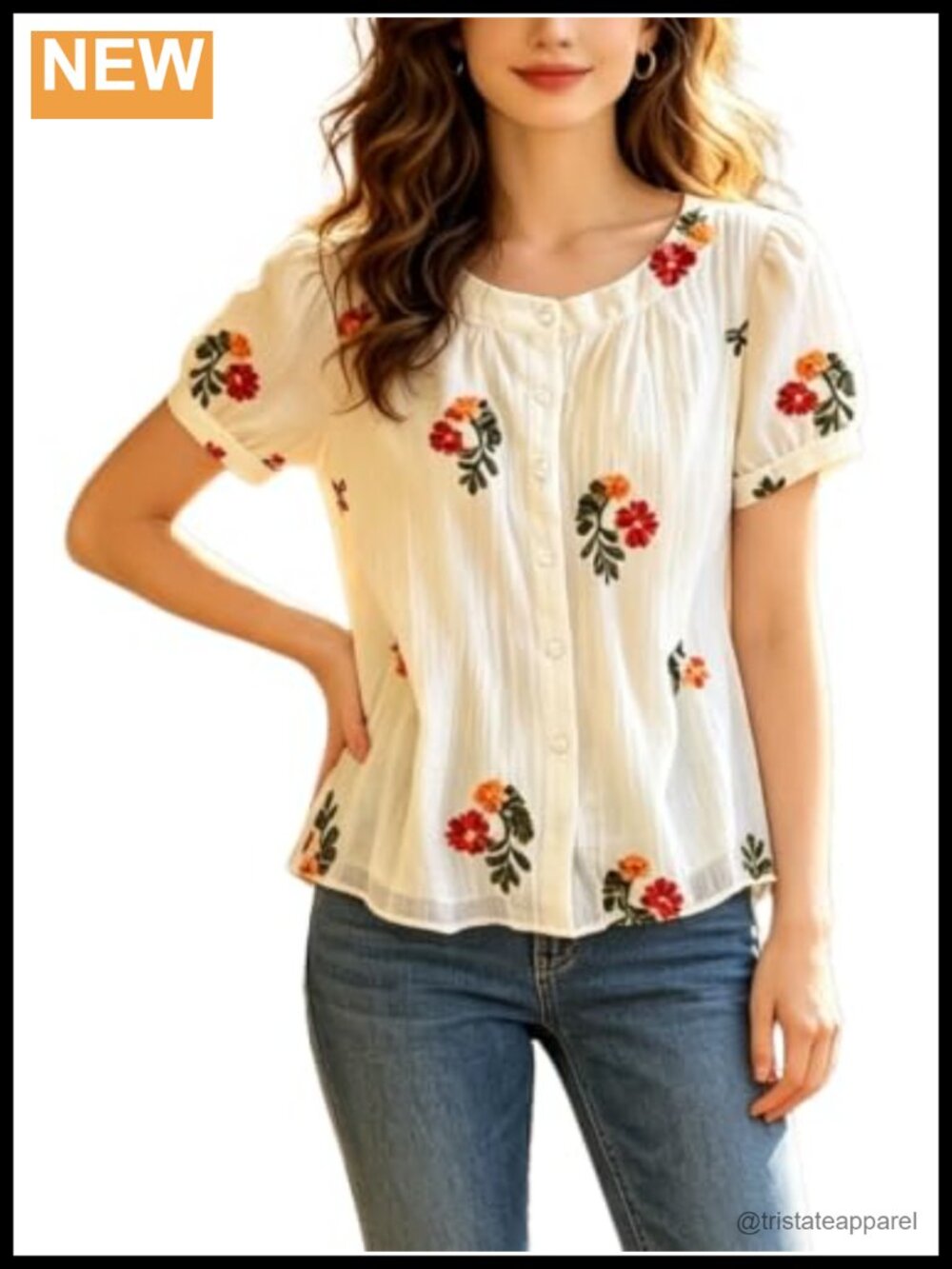 Boho Puff Sleeve Sheer Embroidered Peasant Blouse V-Neck Button Up Summer Top